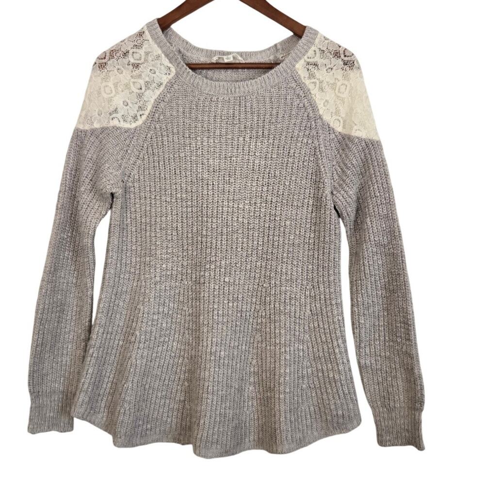 Soft Romantic Coquette Gray Feminine Lace Shoulder Detail Sweater Cozy Layer L